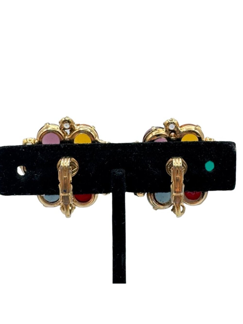 Vintage Fruit Salad Cluster Earrings Clip Multi-Color Glass Prong Set Gold Tone - Picture 8 of 11